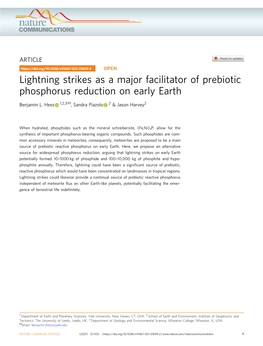 Lightning Strikes As a Major Facilitator of Prebiotic Phosphorus Reduction on Early Earth ✉ Benjamin L