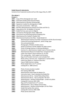 Kodak Research Laboratories Contents List of Materials Transferred from EKC, Begun May 31, 2007