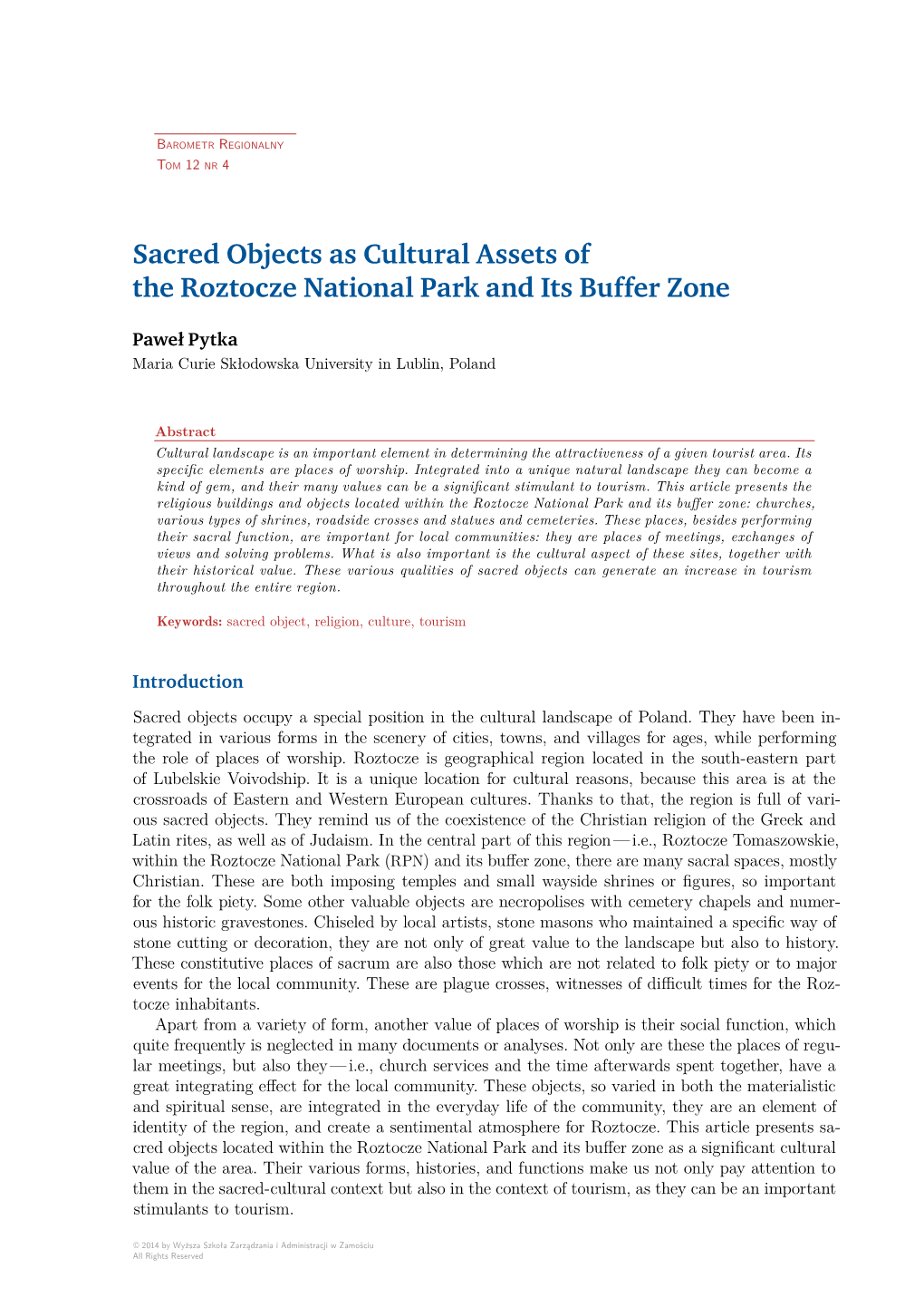 Sacred Objects As Cultural Assets of the Roztocze National Park and Its Buffer Zone