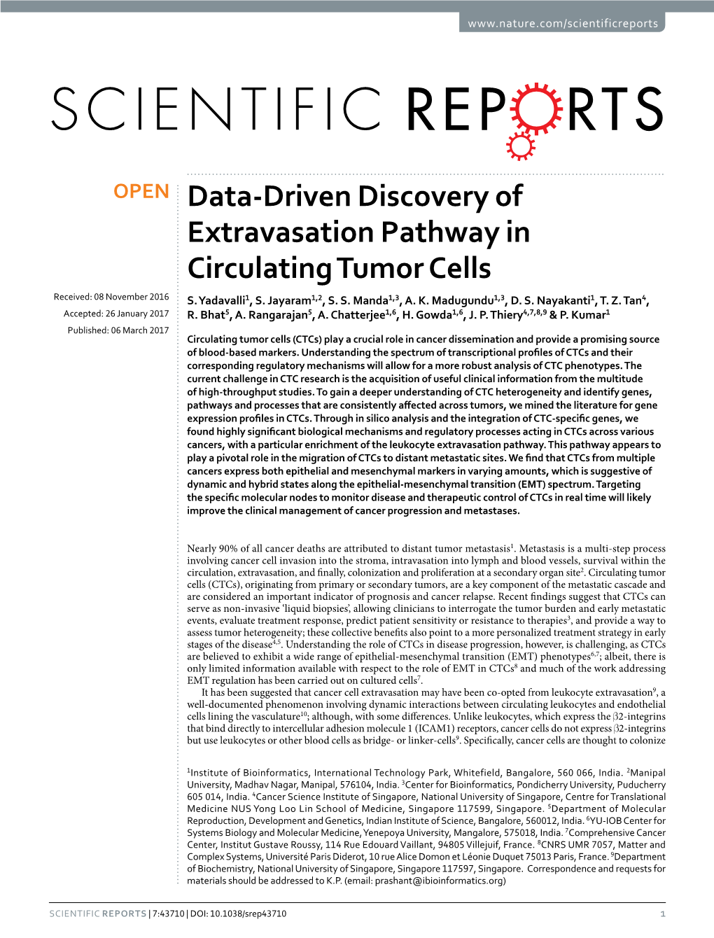 Data-Driven Discovery of Extravasation Pathway in Circulating Tumor Cells Received: 08 November 2016 S