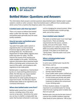 Bottled Water: Questions and Answers This Information Sheet Answers Common Questions About Bottled Water
