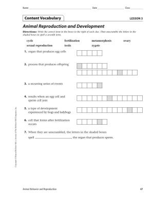 Animal Reproduction and Development Directions: Write the Correct Term in the Boxes to the Right of Each Clue