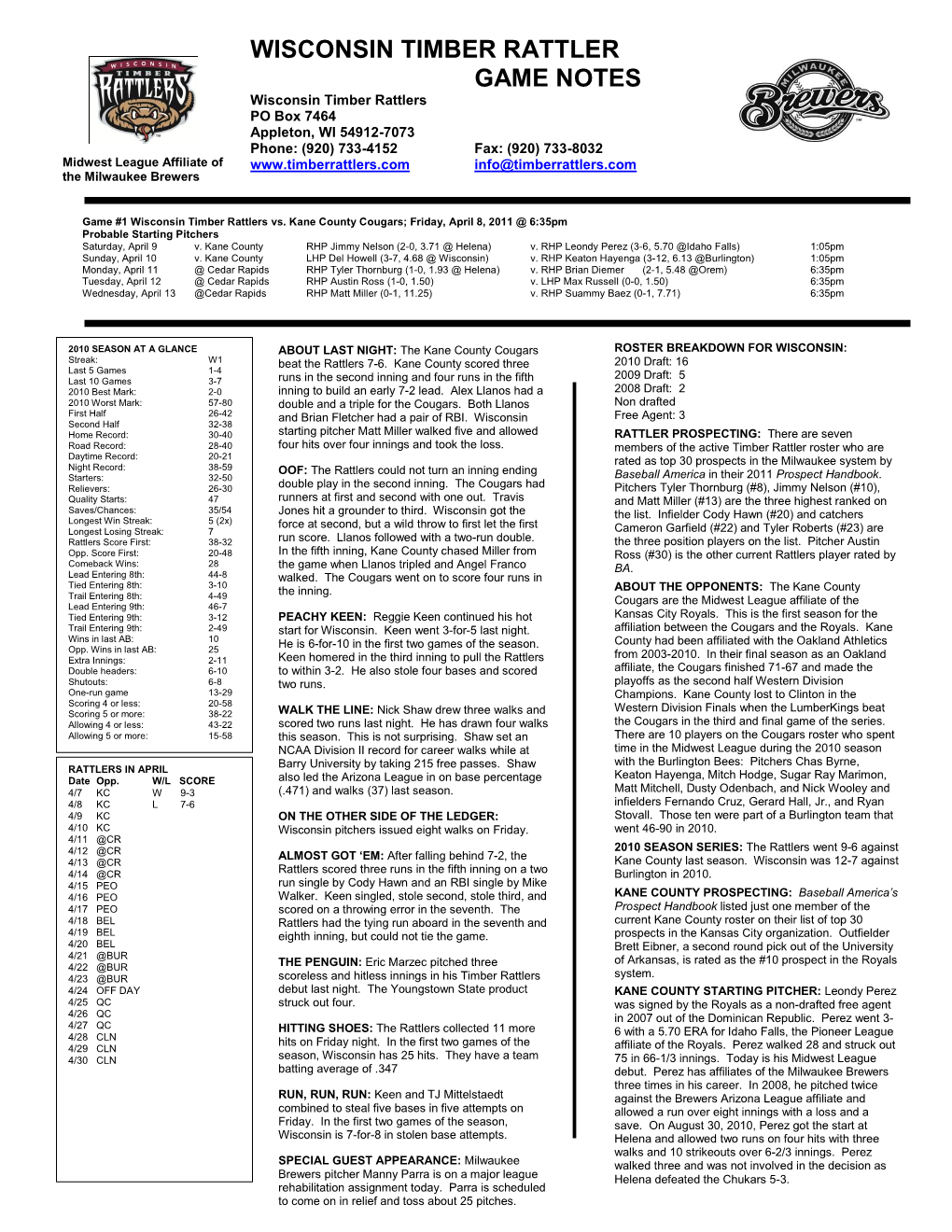 Wisconsin Timber Rattler Game Notes