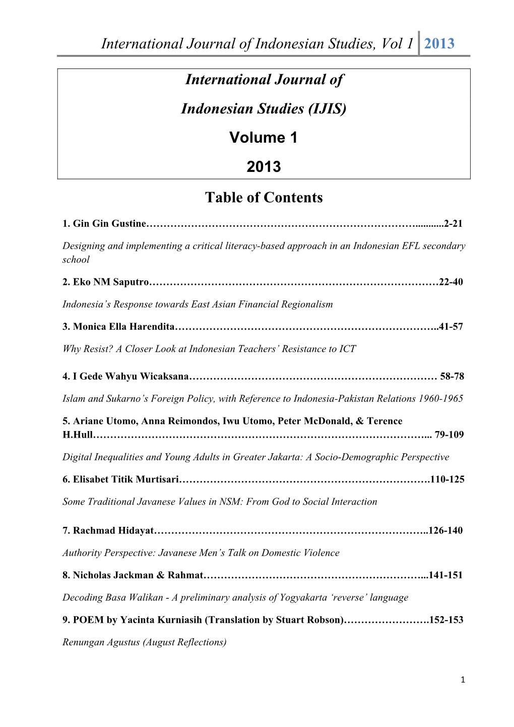 International Journal of Indonesian Studies, Vol 1 2013