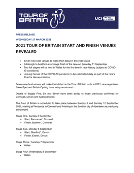 2021 Tour of Britain Start and Finish Venues Revealed