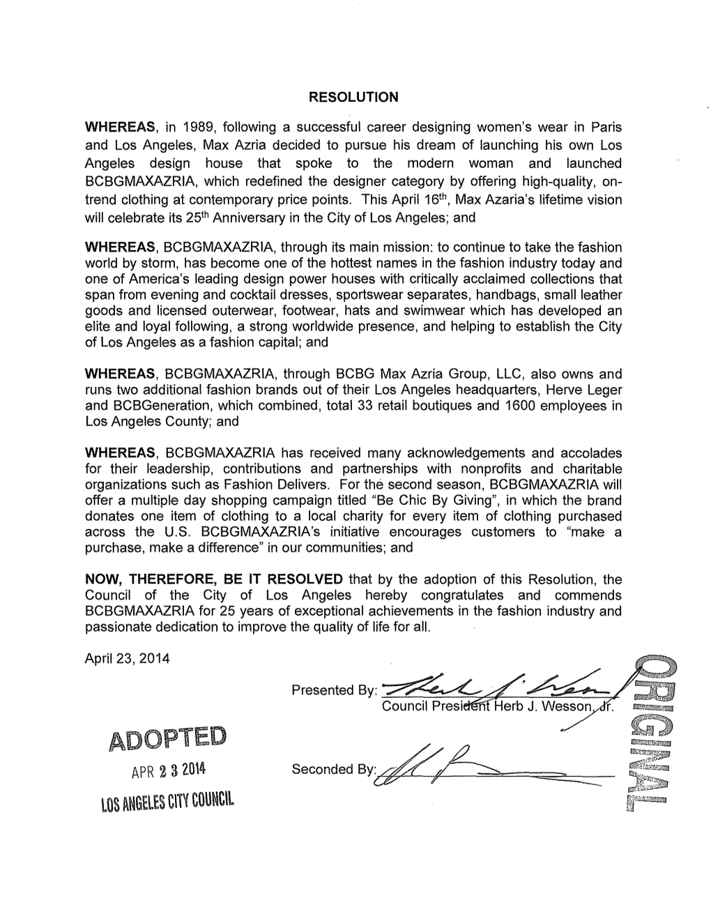 ADOPTED APR 232.014 Seconded BY~ Los ~Ngeles Cm COUNCIL - RESOLUTION