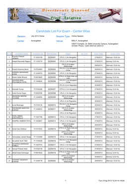 Candidate List for Exam - Center Wise