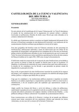 CASTELLOLOGÍA DE LA CUENCA VALENCIANA DEL RÍO TURIA. II José Vicente Gómez Bayarri Académico De Número De La RACV
