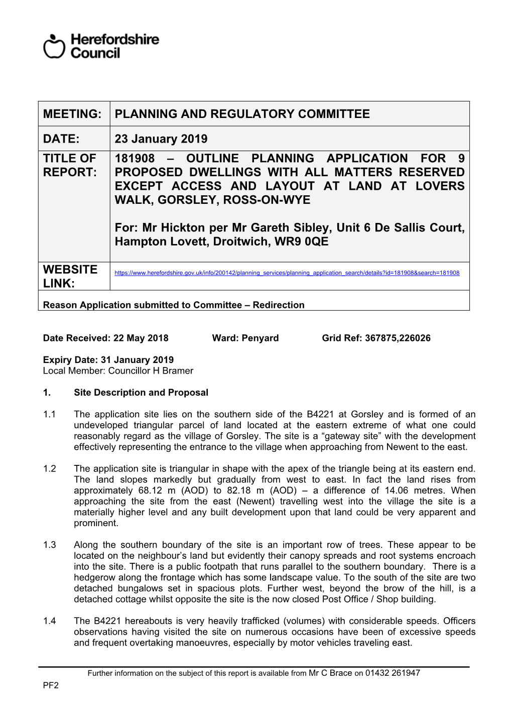 MEETING: PLANNING and REGULATORY COMMITTEE DATE: 23 January 2019 TITLE of REPORT: 181908 – OUTLINE PLANNING APPLICATION for 9