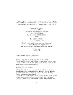 A Complete Bibliography of the Journal of the American Statistical Association: 1920–1929