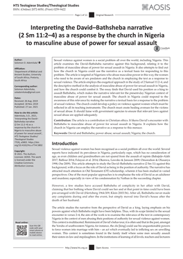 Interpreting the David–Bathsheba Narrative (2 Sm 11:2–4) As a Response by the Church in Nigeria to Masculine Abuse of Power for Sexual Assault