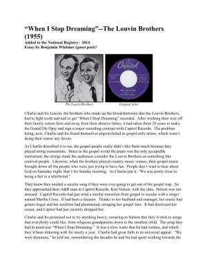 When I Stop Dreaming”--The Louvin Brothers (1955) Added to the National Registry: 2014 Essay by Benjamin Whitmer (Guest Post)*