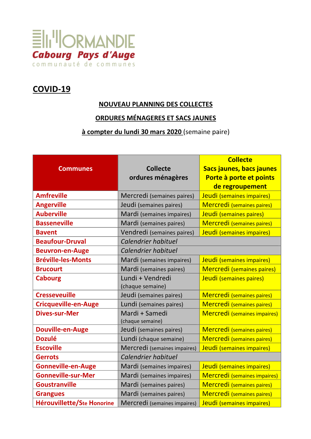 COVID-19 NOUVEAU PLANNING DES COLLECTES ORDURES MÉNAGERES ET SACS JAUNES À Compter Du Lundi 30 Mars 2020 (Semaine Paire)