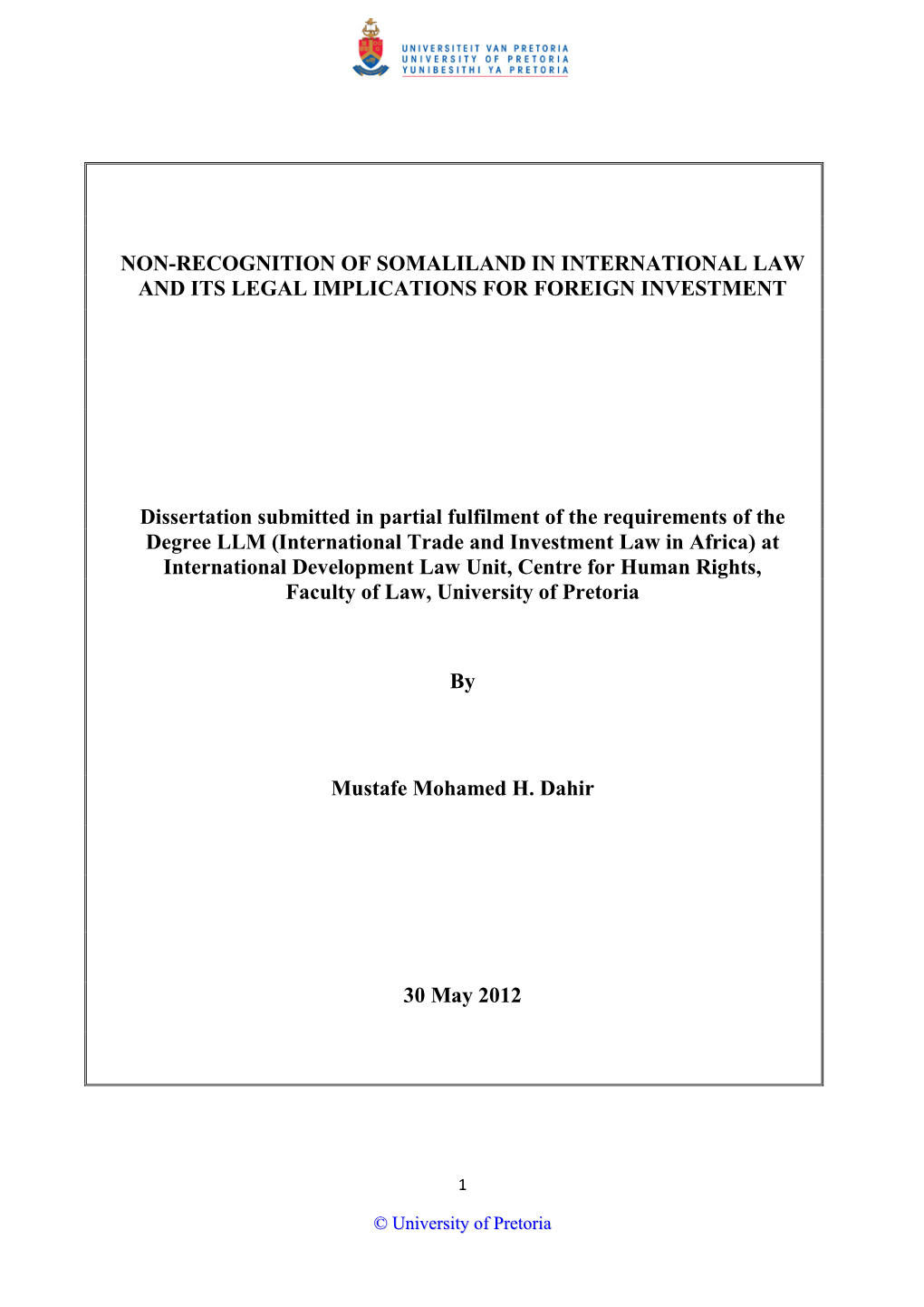 Non-Recognition of Somaliland in International Law and Its Legal Implications for Foreign Investment