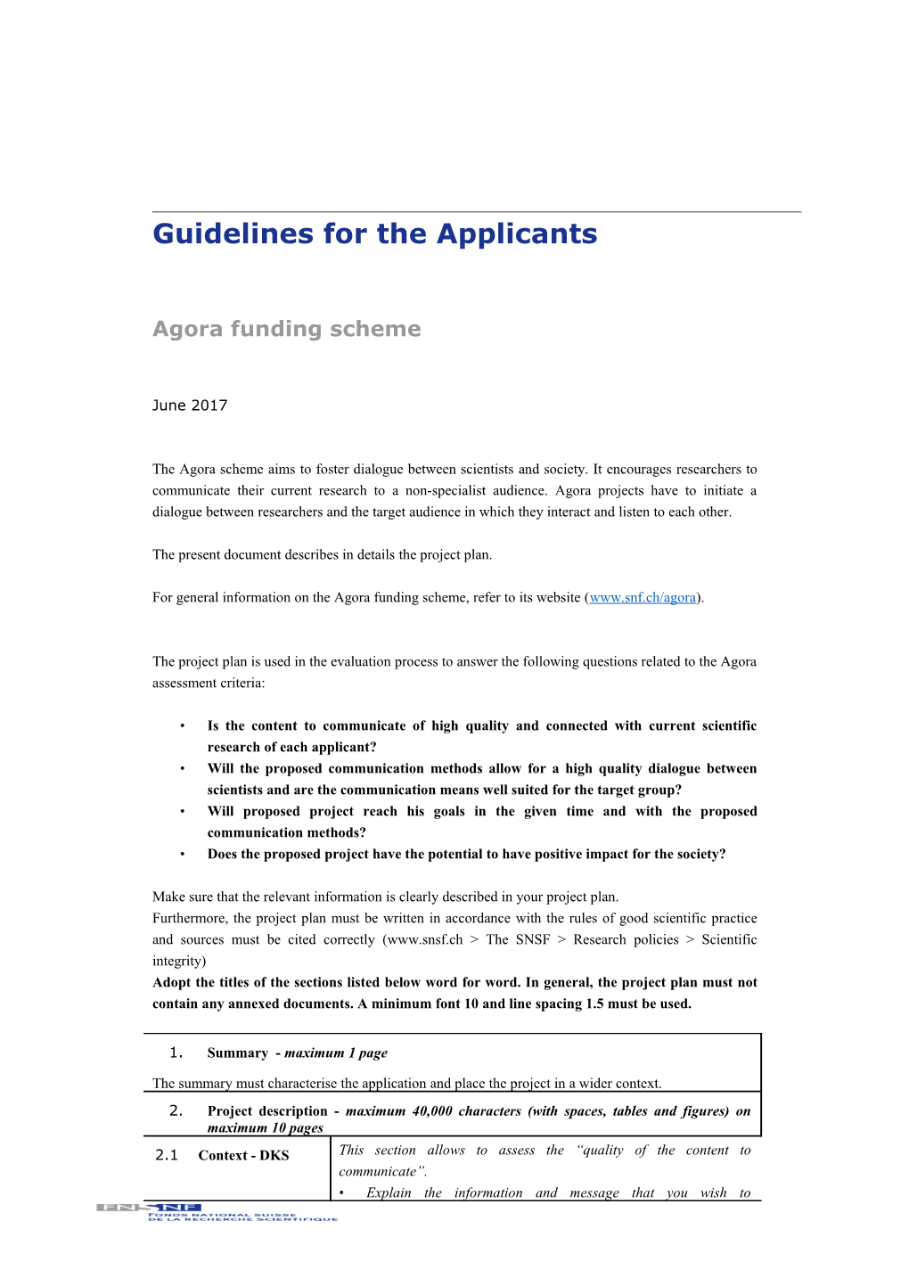 Guidelines for the Applicants