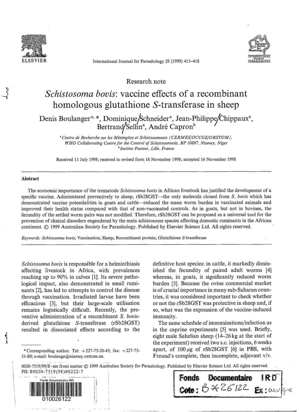 Schistosoma Bovis : Vaccine Effects of a Recombinant Homologous