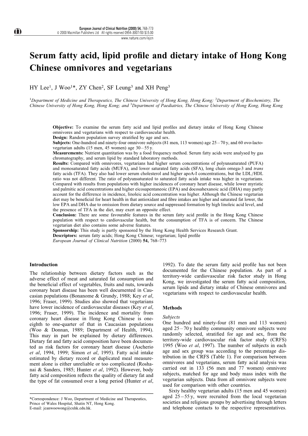 Serum Fatty Acid, Lipid Profile and Dietary Intake of Hong Kong