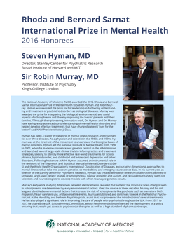 Rhoda and Bernard Sarnat International Prize in Mental Health 2016 Honorees
