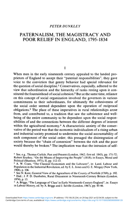 Paternalism, the Magistracy and Poor Relief in England, 1795–1834
