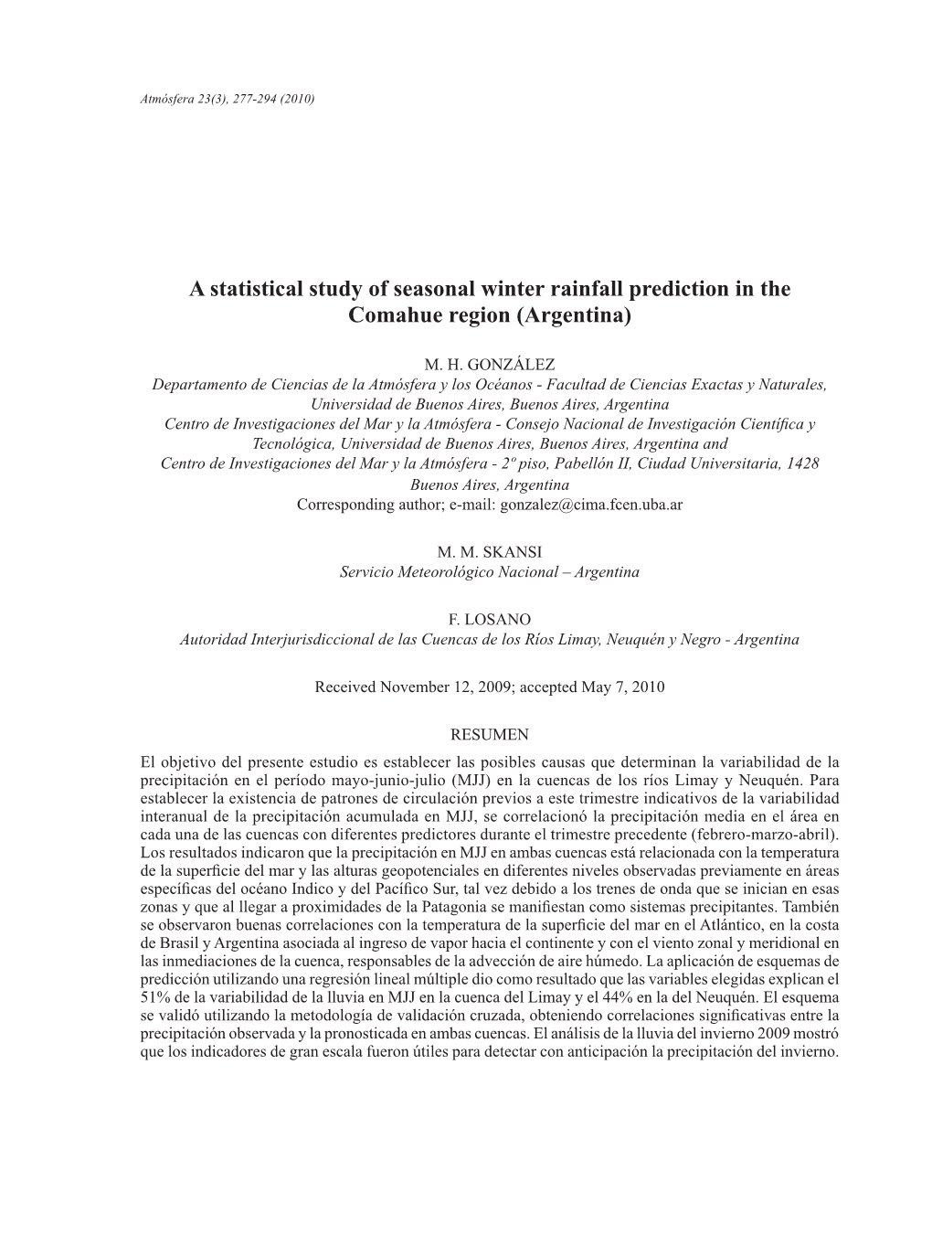 A Statistical Study of Seasonal Winter Rainfall Prediction in the Comahue Region (Argentina)