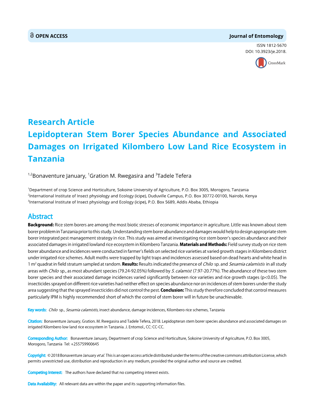 Lepidopteran Stem Borer Species Abundance and Associated Damages on Irrigated Kilombero Low Land Rice Ecosystem in Tanzania