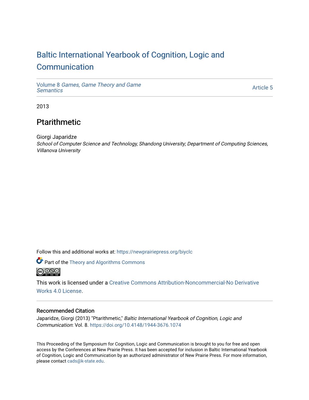 Baltic International Yearbook of Cognition, Logic and Communication