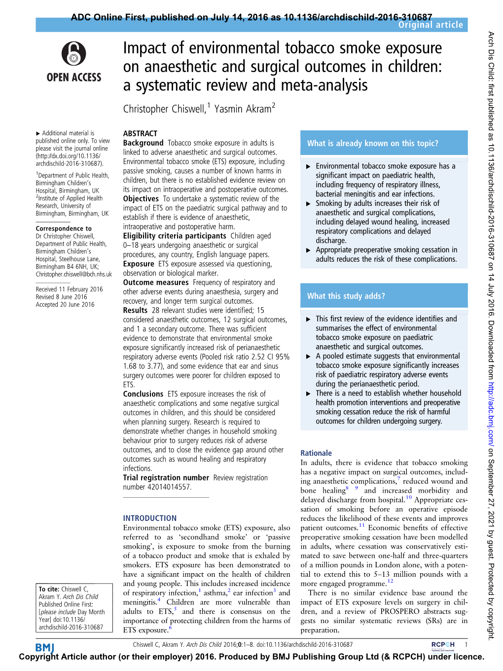 Impact of Environmental Tobacco Smoke Exposure on Anaesthetic and Surgical Outcomes in Children: a Systematic Review and Meta-An