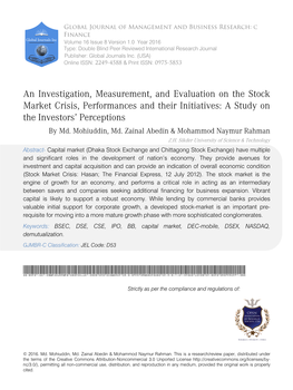 An Investigation, Measurement, and Evaluation on the Stock Market Crisis, Performances and Their Initiatives: a Study on the Investors’ Perceptions by Md