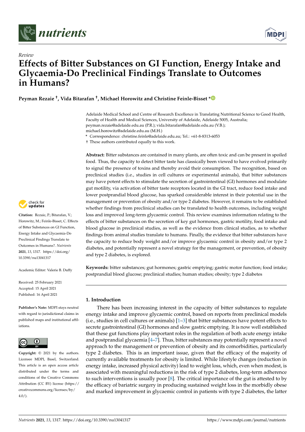 Effects of Bitter Substances on GI Function, Energy Intake and Glycaemia-Do Preclinical Findings Translate to Outcomes in Humans?