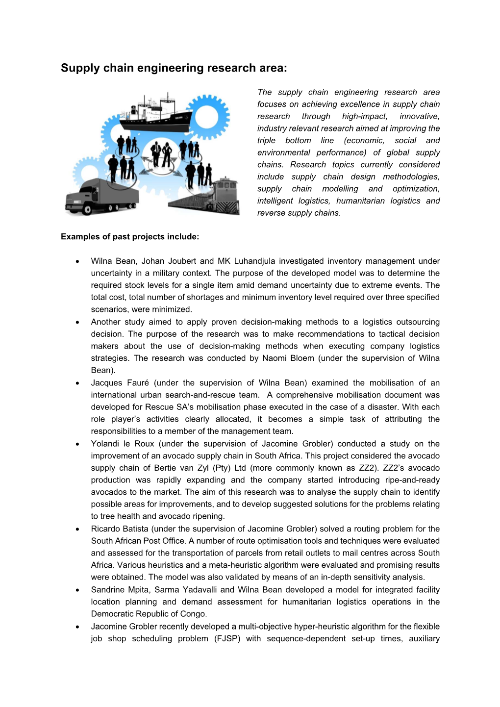 Supply Chain Engineering Research Area