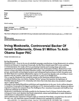 Irving Moskowitz, Controversial Backer of Israeli Settlements, Gives $1 Million to Anti- Obama Super PAC