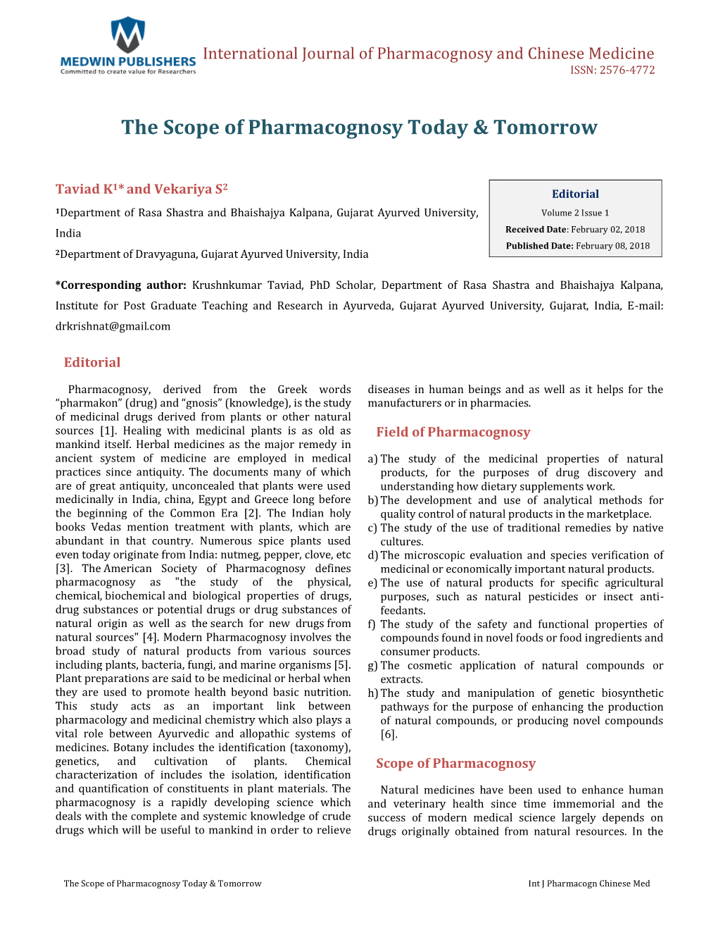 The Scope of Pharmacognosy Today & Tomorrow