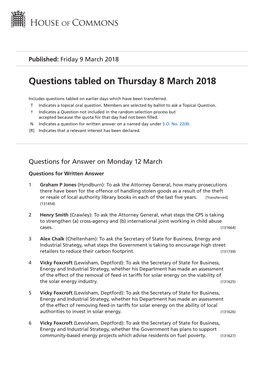 Questions Tabled on Thu 8 Mar 2018