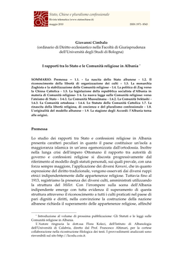 I Rapporti Tra Lo Stato E Le Comunità Religiose in Albania *