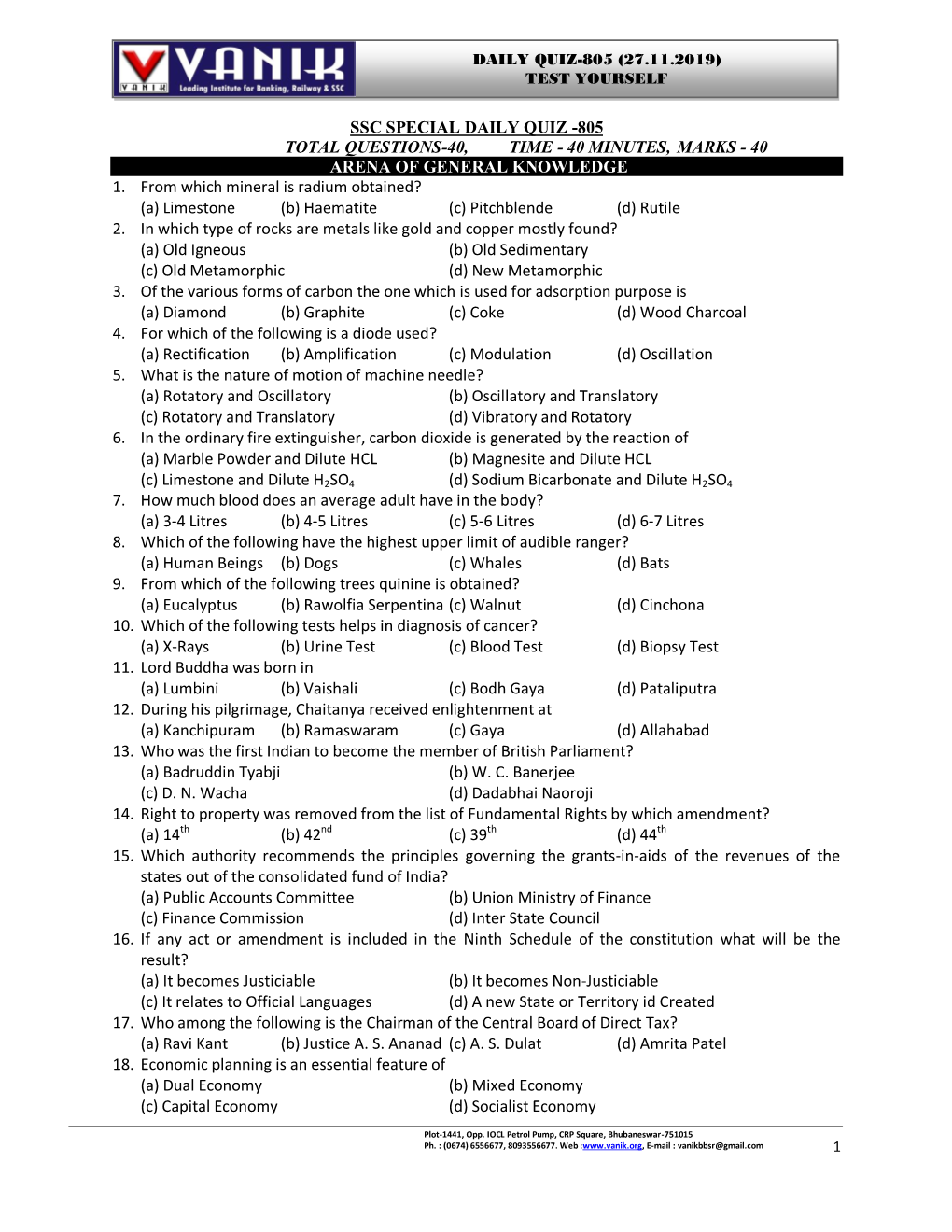 Ssc Special Daily Quiz -805 Total Questions-40, Time - 40 Minutes, Marks - 40 Arena of General Knowledge 1