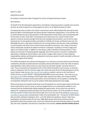 Women's Community Letter of Support for Julie Su As Deputy Secretary Of
