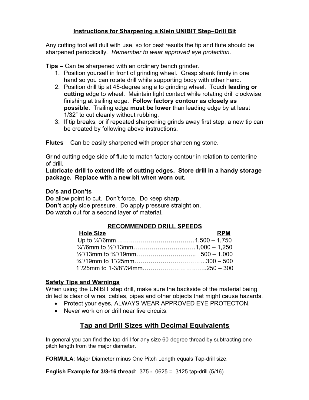 Klein UNIBIT Step-Drill Bit Sharpening Instructions