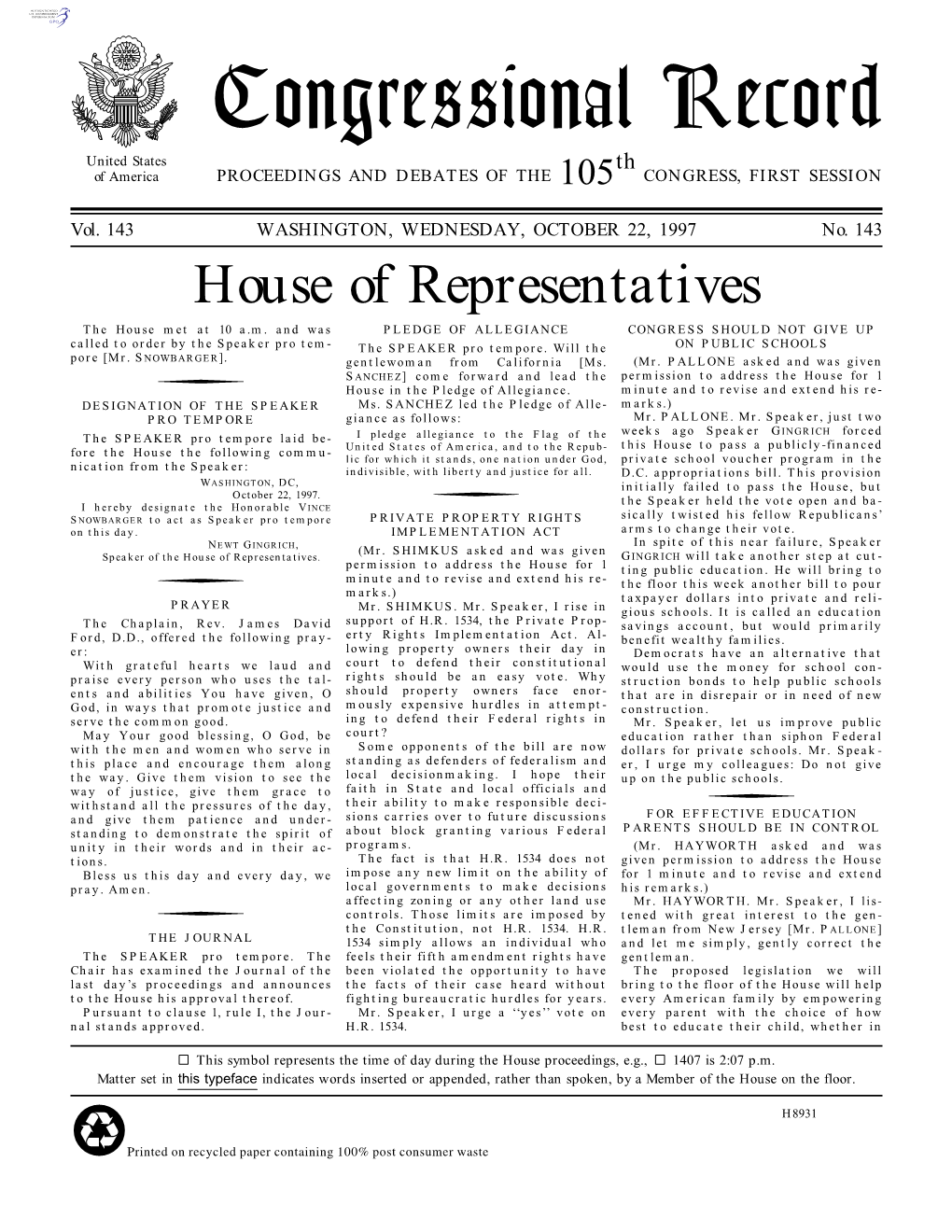 Congressional Record United States Th of America PROCEEDINGS and DEBATES of the 105 CONGRESS, FIRST SESSION