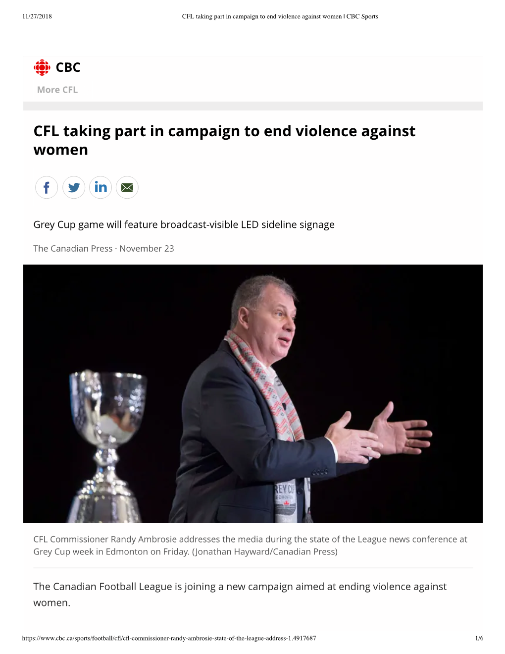 CFL Taking Part in Campaign to End Violence Against Women | CBC Sports