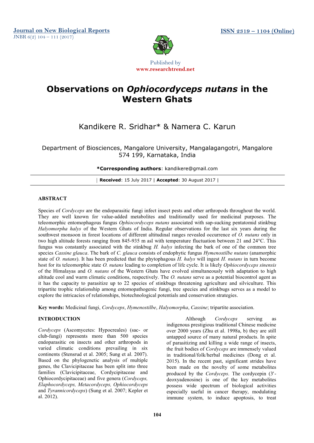 Observations on Ophiocordyceps Nutans in the Western Ghats