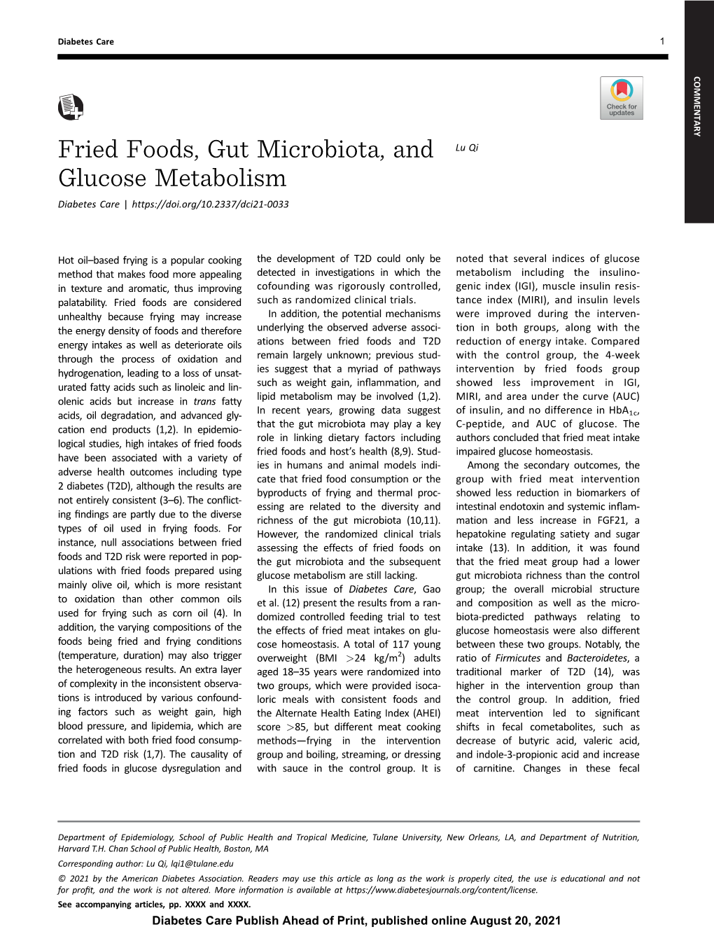 Fried Foods, Gut Microbiota, and Glucose Metabolism