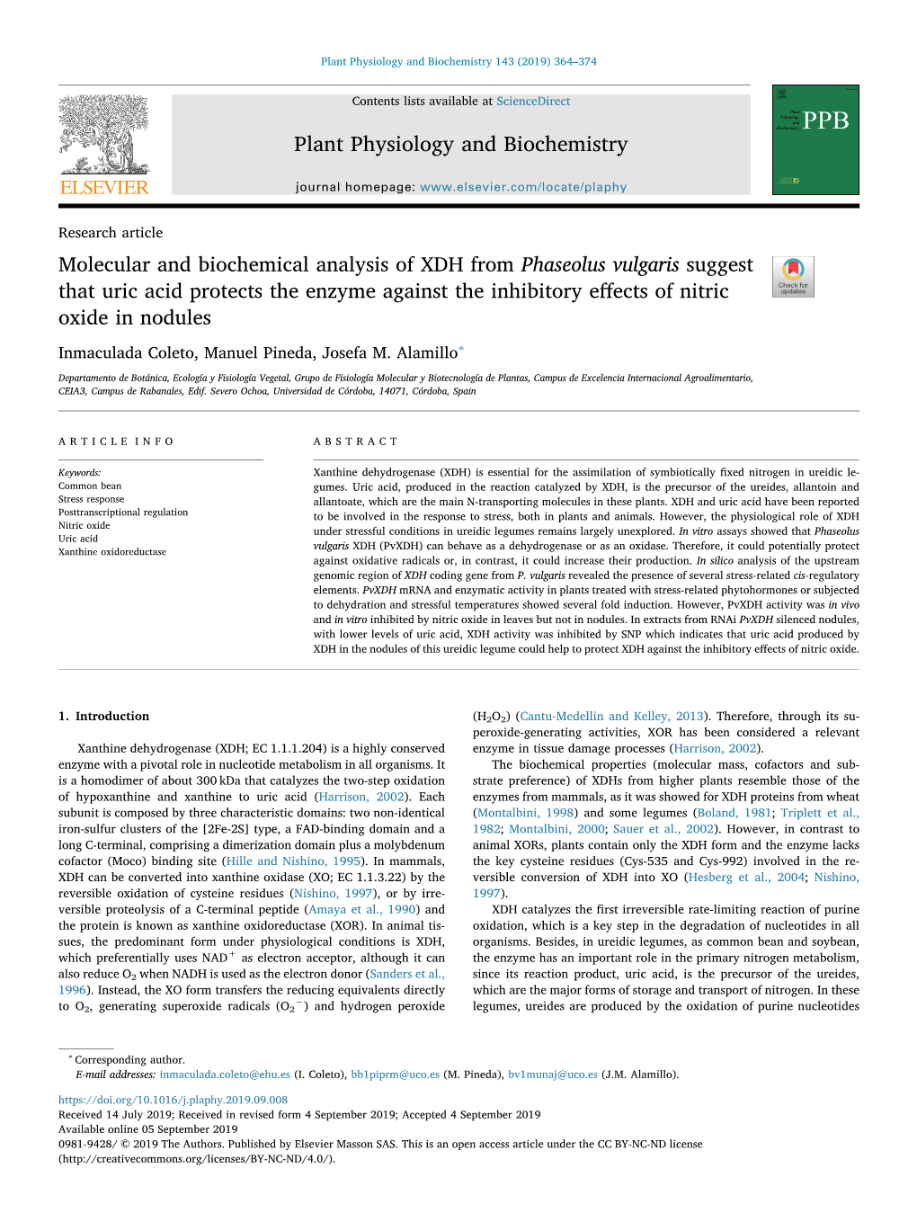 Molecular and Biochemical Analysis of XDH from Phaseolus Vulgaris