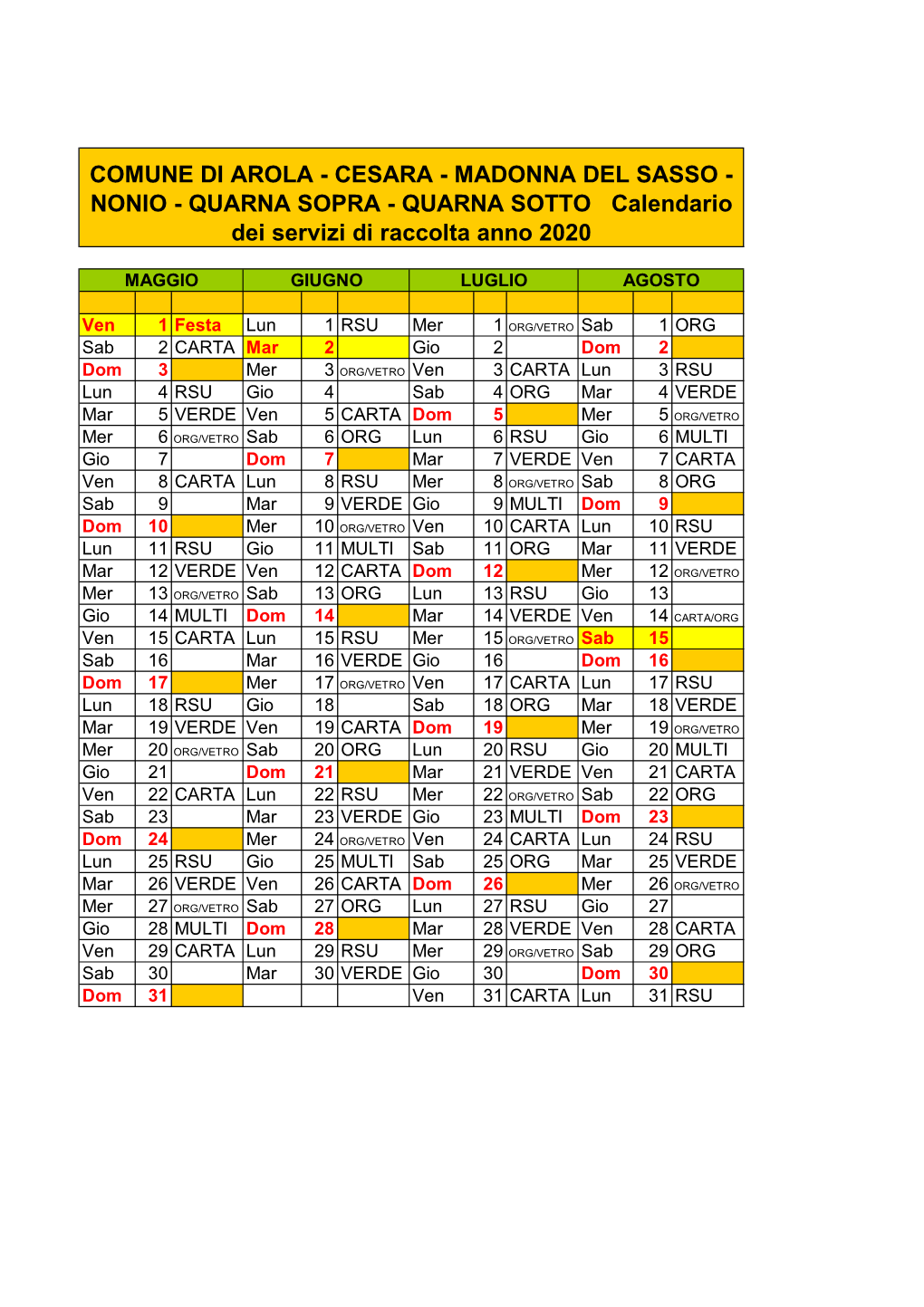 Calendario Alto Cusio Occidentale