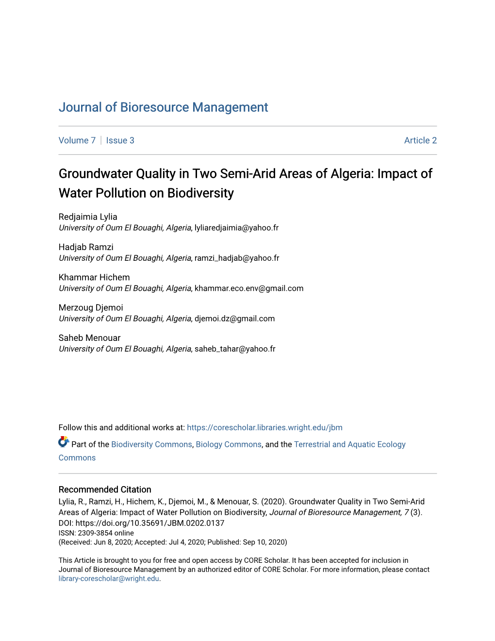 Groundwater Quality in Two Semi-Arid Areas of Algeria: Impact of Water Pollution on Biodiversity