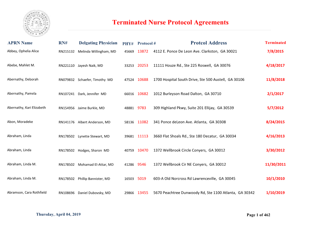 Terminated Nurse Protocol Agreements