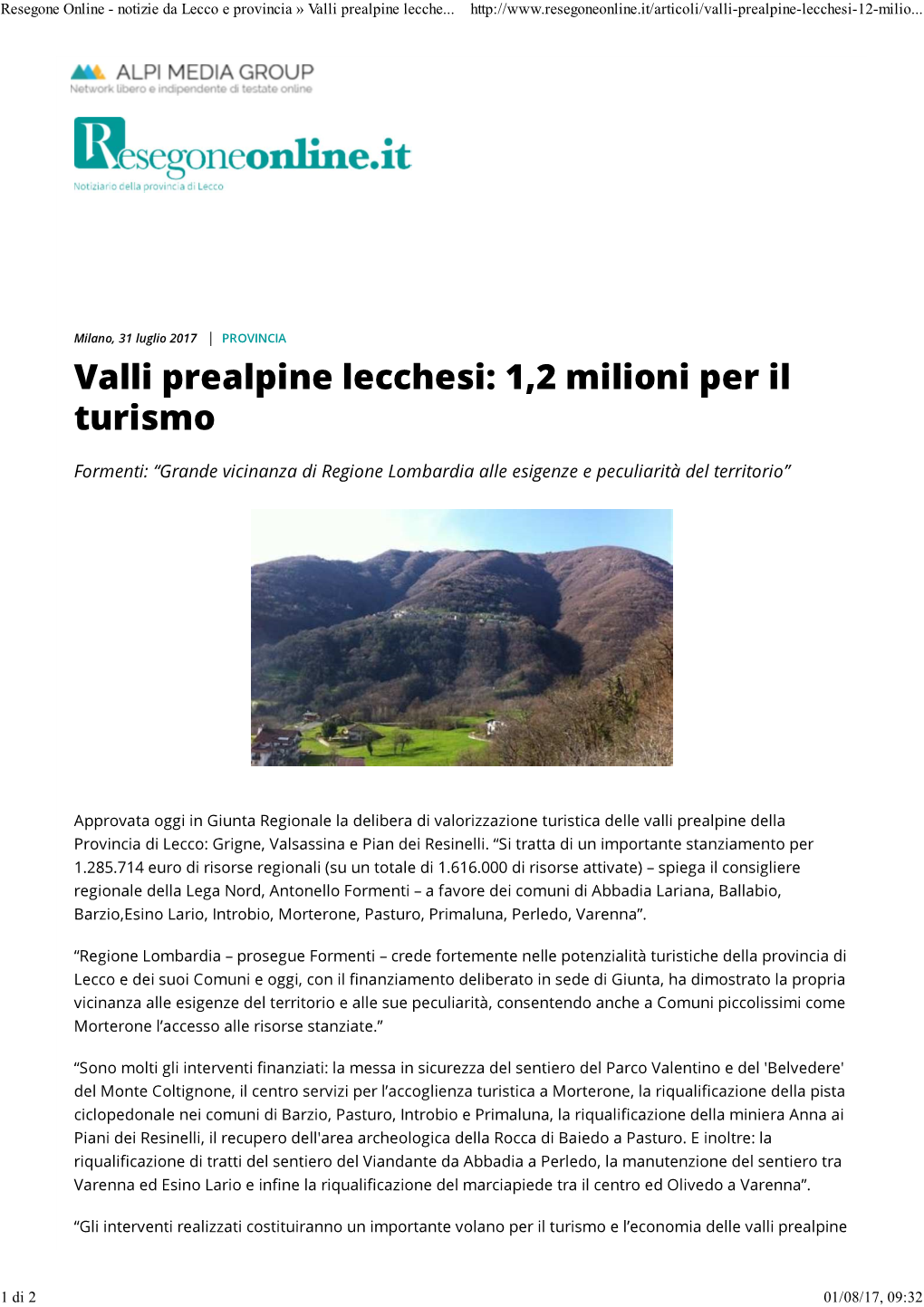 Valli Prealpine Lecchesi: 1,2 Milioni Per Il Turismo