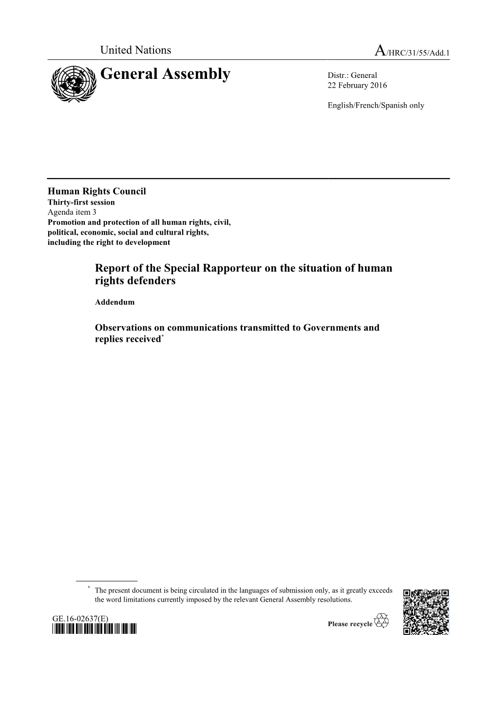 Report of the Special Rapporteur on the Situation of Human Rights Defenders