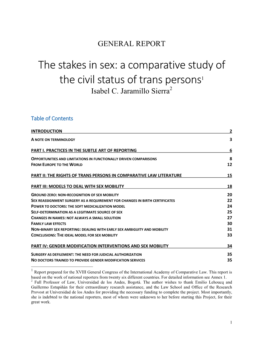 The Stakes in Sex: a Comparative Study of the Civil Status of Trans Persons1 Isabel C