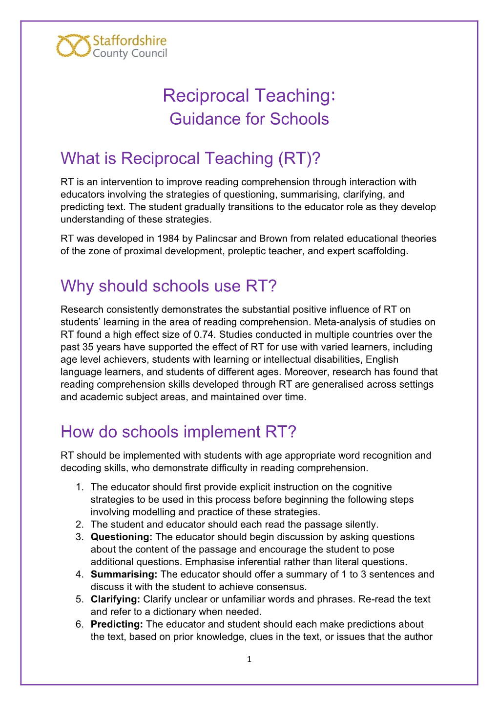 Guidance for Schools What Is Reciprocal Teaching (RT)?