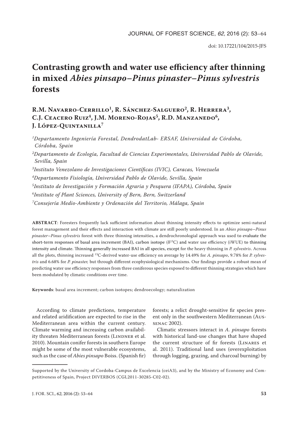 Contrasting Growth and Water Use Efficiency After Thinning in Mixed Abies Pinsapo–Pinus Pinaster–Pinus Sylvestris Forests